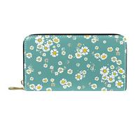 Wallet for Women Clutch Purses for Women Card Holder Organizer Leather Zipper Purse Tiny White Daisy Flowers Blue Background