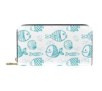 Wallet Leather Leather Zip Long Purse Blue Hand Drawn Fish Pattern Swim