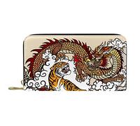 Wallet Leather Leather Zip Long Purse Retro Chinse Dragon with Lion