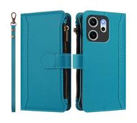 Wallet Phone Case for OPPO RENO 14F with Strap Shockproof Premium Leather Flip Wallet Handbag Zip Purse 9 Card Slots Folio Flip Case,Lake Blue