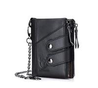Wallet,Wallet for Men,Genuine Leather Wallet for,Genuine Leather Chain Wallets for Men,RFID Blocking Cowhide Vintage Bifold Double Zipper Snap Large Capacity(Black)
