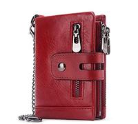 Wallet,Wallet for Men,Genuine Leather Wallet for,Genuine Leather Chain Wallets for Men,RFID Blocking Cowhide Vintage Bifold Double Zipper Snap Large Capacity(Red)