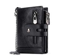 Wallet,Wallet for Men,Genuine Leather Wallet for,Genuine Leather Chain Wallets for Men,RFID Blocking Cowhide Vintage Bifold Double Zipper Snap Large Capacity(Black)