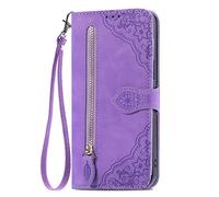 Wallet Zipper Case Compatible with T-Mobile Revvl 7 Wallet Embossed Folding Phone Cases Covers [with Lanyard Strap] Credit Card/Cash Holder Slots Pouch Protective Flip Case,Purple