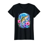 Walleye Fishing Moon Tropical Hibiscus Lake Angler Nature Value Graphic T-Shirt, Women, Black, S