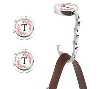 WALLFID 2PCS Personalized Initial Handbag Hooks for Table, Foldable Purse Hooks, Floral Letter Handbag Holders, Compact Bag Hangers for Women, Bag Hooks for Table (T)