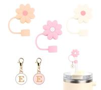 WALLFID 3Pcs Silicone Straw Covers and 2Pcs Letter Charms Accessories for Stanley Cup,Dustproof 10mm Straw Caps,Personalized Stanley Accessories,fit for Hydro Flask Tumbler Accessories (E)