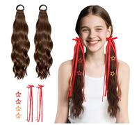 WALLFID 8 Pcs Hair Accessory Set with Ponytail Extensions, Bow Clips & Star Hair Clips - Suitable for Women, Teens & Girls for Parties, Festivals, School & Everyday Wear (Light brown)