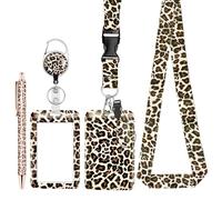 WALLFID Leopard Print ID Badge Holder Set with Retractable Reel, Lanyard, Card Holder & Pen - Stylish Vertical Card Protector for Office Worker, Nurse, Teacher & Student