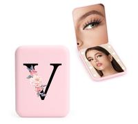 WALLFID Personalized 1X/3X Travel Mirror with Lights, LED Compact Mirror, Makeup Mirror, Folding Portable Mirror, Initials Pocket Mirror, for Girl Friend Mom Teacher Bridesmaid (V)
