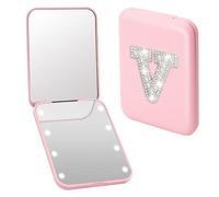 WALLFID Pocket Mirror,Portable 1X/3X Magnifying Travel Mirror with Light,Pink LED Compact Mirror,Personalized with Capital Pearl Initials,Travel Essential for Women and Girls (V)