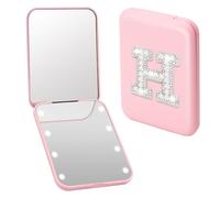 WALLFID Pocket Mirror,Portable 1X/3X Magnifying Travel Mirror with Light,Pink LED Compact Mirror,Personalized with Capital Pearl Initials,Travel Essential for Women and Girls (H)
