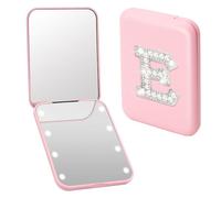 WALLFID Pocket Mirror,Portable 1X/3X Magnifying Travel Mirror with Light,Pink LED Compact Mirror,Personalized with Capital Pearl Initials,Travel Essential for Women and Girls (E)