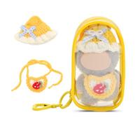WALLFID Protective Case with Crochet Clothes for Mini Labubu, Handmade Hat & Bib, Clear Shell Carrier with 3-Piece Outfit Set for 10cm Dolls,Cute Doll Accessories (No Doll) (Lemon Yellow)