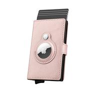 WALLFID Slim Wallet Compatible with AirTag 1st & 2nd Generation, Slim Leather RFID Blocking Card Holder with Tracker Slot, Pop-Up Metal Credit Card Case, Holds 6 Cards(Bright Pink)