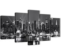 Wallfillers 5 Piece Landscape Canvas Wall Art Prints - New York Hudson River Skyline - 5435 Black White Grey - 160cm XL Set Artwork