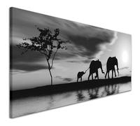 Wallfillers Black White African Sunset Elephants Canvas Wall Art Print - 1363-118x49cm
