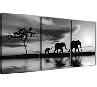 Wallfillers Black White African Sunset Elephants Canvas Wall Art Print - Multi 3 Part - 125cm Wide - 3363