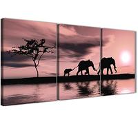 Wallfillers Blush Pink African Sunset Elephants Canvas Wall Art Print - Split Set of 3-125cm Wide - 3361