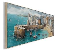 Wallfillers Coastal Cornwall Harbour Wide Horizontal in Blue Canvas Print
