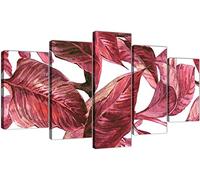 Wallfillers Extra Large Dark Burgundy Red White Tropical Leaves Canvas Wall Art - Multi 5 Panel - 5321