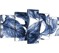 Wallfillers Extra Large Indigo Navy Blue White Tropical Leaves Canvas Wall Art - Multi Set of 5-5320