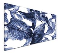 Wallfillers Indigo Navy Blue White Tropical Leaves Canvas Wall Art - Modern - 1320-118x49cm