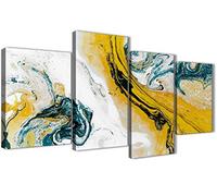 Wallfillers Large Mustard Yellow and Teal Swirl Abstract Bedroom Canvas Wall Art Decor - 4470-130cm Set of Prints