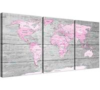 Wallfillers Large Pink Grey Map of World Atlas Canvas Wall Art