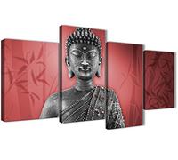 Wallfillers Large Red and Grey Silver Canvas Art Prints of Buddha - Multi 4 Piece - 4331