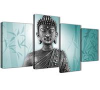 Wallfillers Large Teal and Grey Silver Canvas Art Prints of Buddha - Split 4 Set - 4327