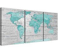 Wallfillers Large Teal Grey Map of World Atlas Canvas Wall Art Print 3 Set 125cm Wide - 3299