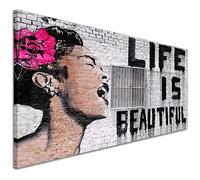 Wallfillers Life is Beautiful Banksy Graffiti Street Art Black White Pink Canvas Print - 1232 Small - 97x40cm