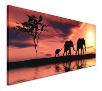 Wallfillers Modern Orange Sunset African Elephants Canvas Wall Art Print - 1102-118x49cm