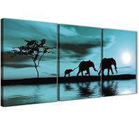 Wallfillers Teal African Sunset Elephants Canvas Wall Art Print - Multi Set of 3-125cm Wide - 3362