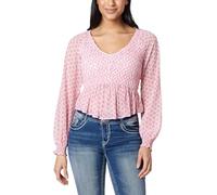WallFlower Women's Boho Chiffon Long Sleeve Dressy Casual Blouses Shirts Tops, Pink, S