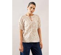 Wallis Abstract Cotton Puff Sleeve Top In Stone stone 16