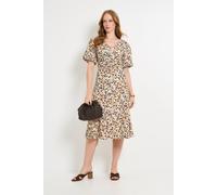 Wallis Abstract Jersey Ruched Puff Sleeve Midi Dress In Natural natural