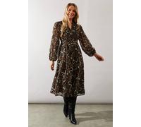 Wallis Abstract Print Belt Detail Midi Dress In Neutral neutral 10