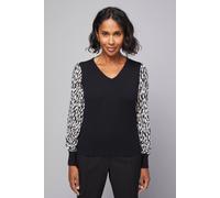 Wallis Women's Animal Chiffon Sleeve V Neck Knitted Jumper in Black | Size: Small Wallis Black S