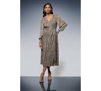 Wallis Animal Metallic Tie Waist Midi Dress In Chocolate chocolate