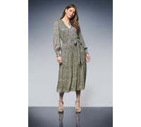 Wallis Animal Metallic Tie Waist Midi Dress In Green green 14