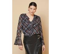 Wallis Women's Check Print Ruffle Detail Blouse in Chocolate | Size: 14 Wallis Chocolate 14
