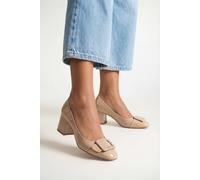 Wallis Danny Faux Patent Leather Square Toe Covered Buckle Medium Block Heel Court Shoes, 3, Beige