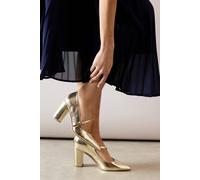 Wallis Elodie Faux Leather Asymmetric Strap Pointed High Block Heel Court Shoes In Gold gold 3