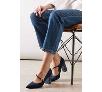 Wallis Elodie Faux Suede & Patent Asymmetric Strap Pointed High Block Heel Court Shoes In Navy navy 6