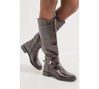 Wallis Emmy Faux Patent Large Croc Print Buckle Detail Knee High Riding Boots In Brown brown