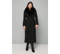 Wallis Faux Fur Collar Tie Belt Coat In Black black