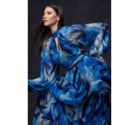 Wallis Feather Print Tie Back Midi Dress In Blue blue 8