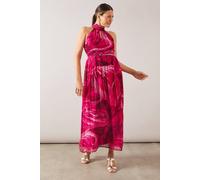 Wallis Feather Print Viscose Tie Neck Midi Dress In Pink pink 10
